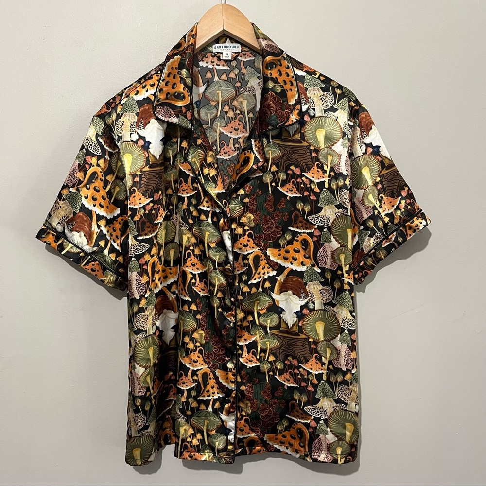 Earthbound gnome and mushroom satin button up PJ shirt
